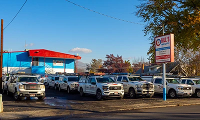 The Bill's Heating and AC Lewiston parking lot is full of company trucks